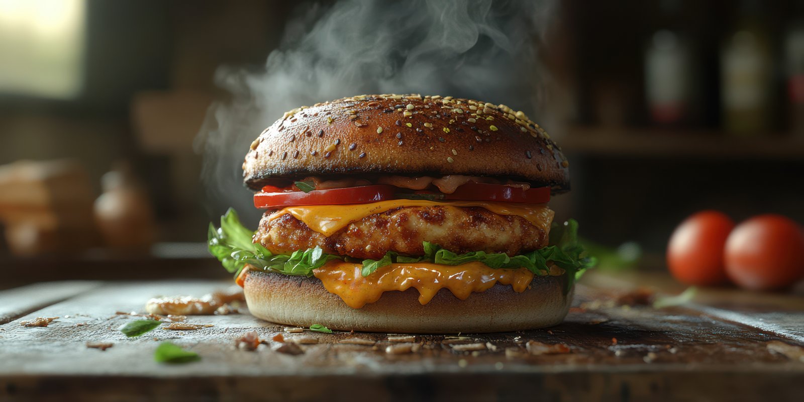 Mouthwatering burger with cheese, lettuce, and tomatoes resting on a wooden table in a rustic setting